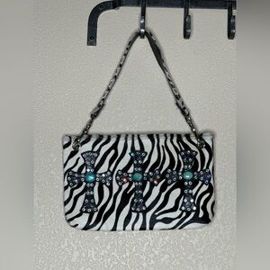 KurtMen Design Zebra Print Bag Leather Calf-Hair With Turquoise Cross Design EUC